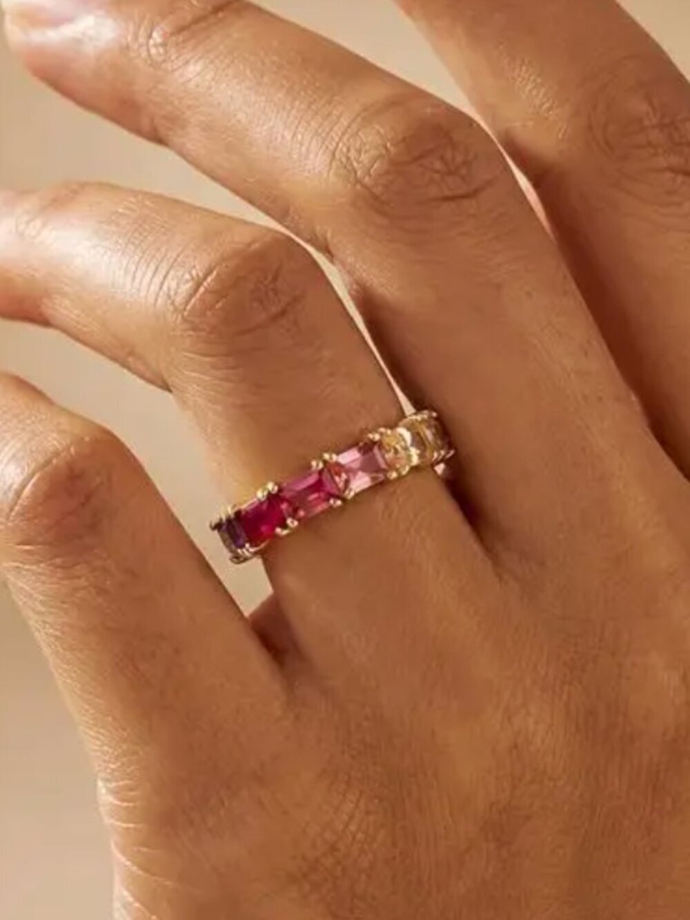 NEW 18k Yellow Multi Color Gemstone Ring Rainbow Ring Band